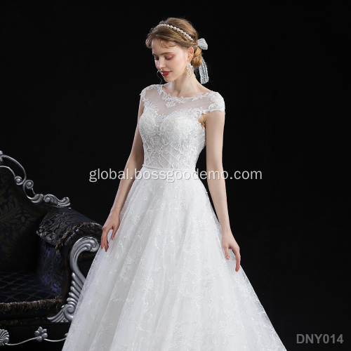  Elegant Tulle Lace Appliques short Sleeve Ball Gown Wedding Dress For Bridal Factory